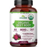 Zazzee Organic Beet Root Extract bottle showing 20:1 potency for strong support.