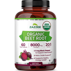 Zazzee Organic Beet Root Extract bottle showing 20:1 potency for strong support.