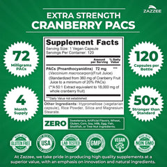 Zazzee Cranberry PACs bottle back with supplement facts for daily use.
