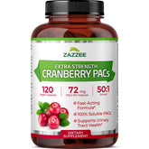 Zazzee Cranberry PACs bottle front showing 72 mg strength.