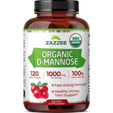 Zazzee D-Mannose bottle front showing organic, vegan formula for urinary tract support.