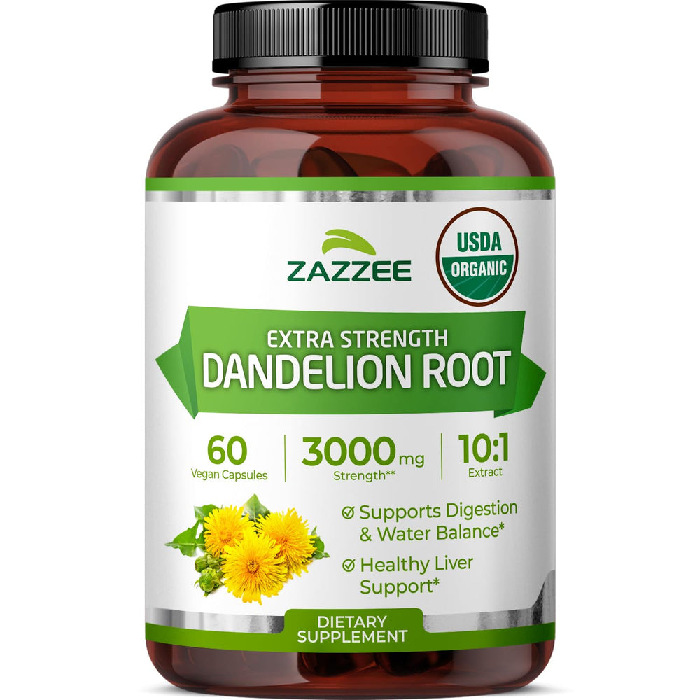 Zazzee Dandelion Root Extract bottle showing 60 capsules for a two-month supply.