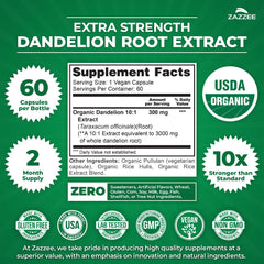 Close-up of Dandelion Root Extract capsules highlighting 10:1 potency.