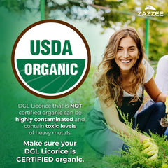 Close-up of Zazzee DGL Licorice 20:1 vegan capsules