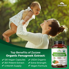 Zazzee extra-strength 30:1 fenugreek capsules for concentrated daily use.
