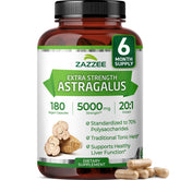 Zazzee Extra Strength Astragalus bottle shows 20:1 extract for potent herbal support.
