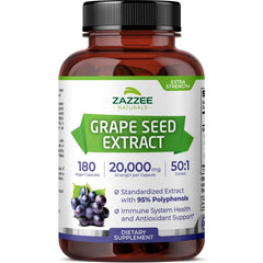 Zazzee Grape Seed Extract 50-to-1 bottle, potent antioxidant support for daily wellness.