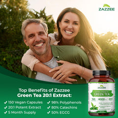 Zazzee Green Tea Extract label showcasing 80% catechins for strong polyphenol content.