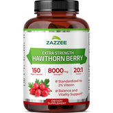 Zazzee hawthorn extract bottle showing potent 20:1 formulation and value