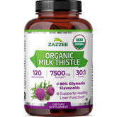 Zazzee Milk Thistle 30:1 extract bottle showing high potency and four-month value.