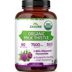 Zazzee Milk Thistle 30to1 extract bottle highlights high potency and value.