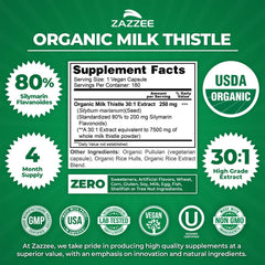 Zazzee milk thistle capsules image displays 180-count vegan bottle for long-term use.