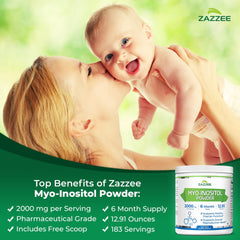 Scoop beside Zazzee Myo-Inositol powder jar shows measured dosage.