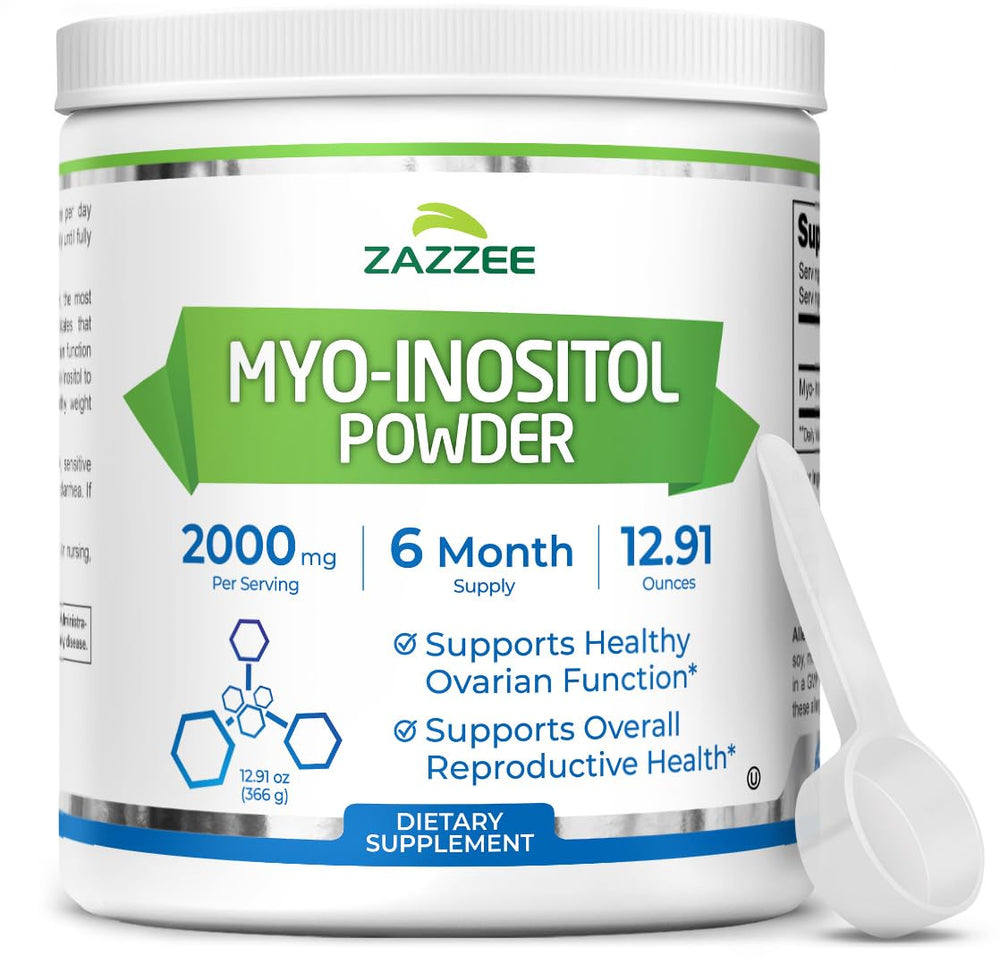 Zazzee Myo-Inositol powder bottle with scoop showing exact 2000 mg dosage.