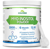 Zazzee Myo-Inositol powder bottle with scoop showing exact 2000 mg dosage.