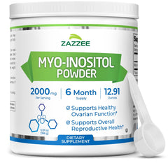 Zazzee Myo-Inositol powder bottle with scoop showing exact 2000 mg dosage.