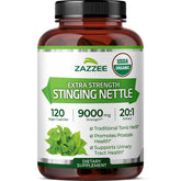 Zazzee nettle extract bottle front with organic seal signaling quality.