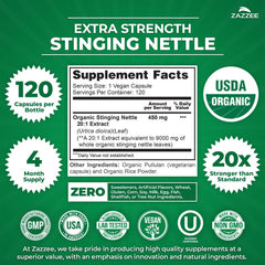 Back label of Zazzee nettle extract showing organic certification details.