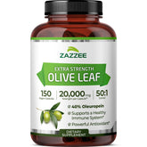 Zazzee olive leaf extract bottle front label highlighting 50:1 potency and oleuropein.