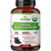 Zazzee organic elderberry bottle label highlighting organic certification