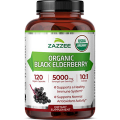 Zazzee organic elderberry bottle label highlighting organic certification
