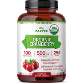Zazzee Organic Cranberry 25:1 extract bottle, 500 mg capsules for long-term use
