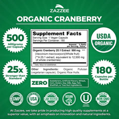 Zazzee organic cranberry 25:1 extract capsules label with certification icons.