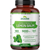 Zazzee Organic Lemon Balm 10:1 bottle showing 180 capsules for calm support