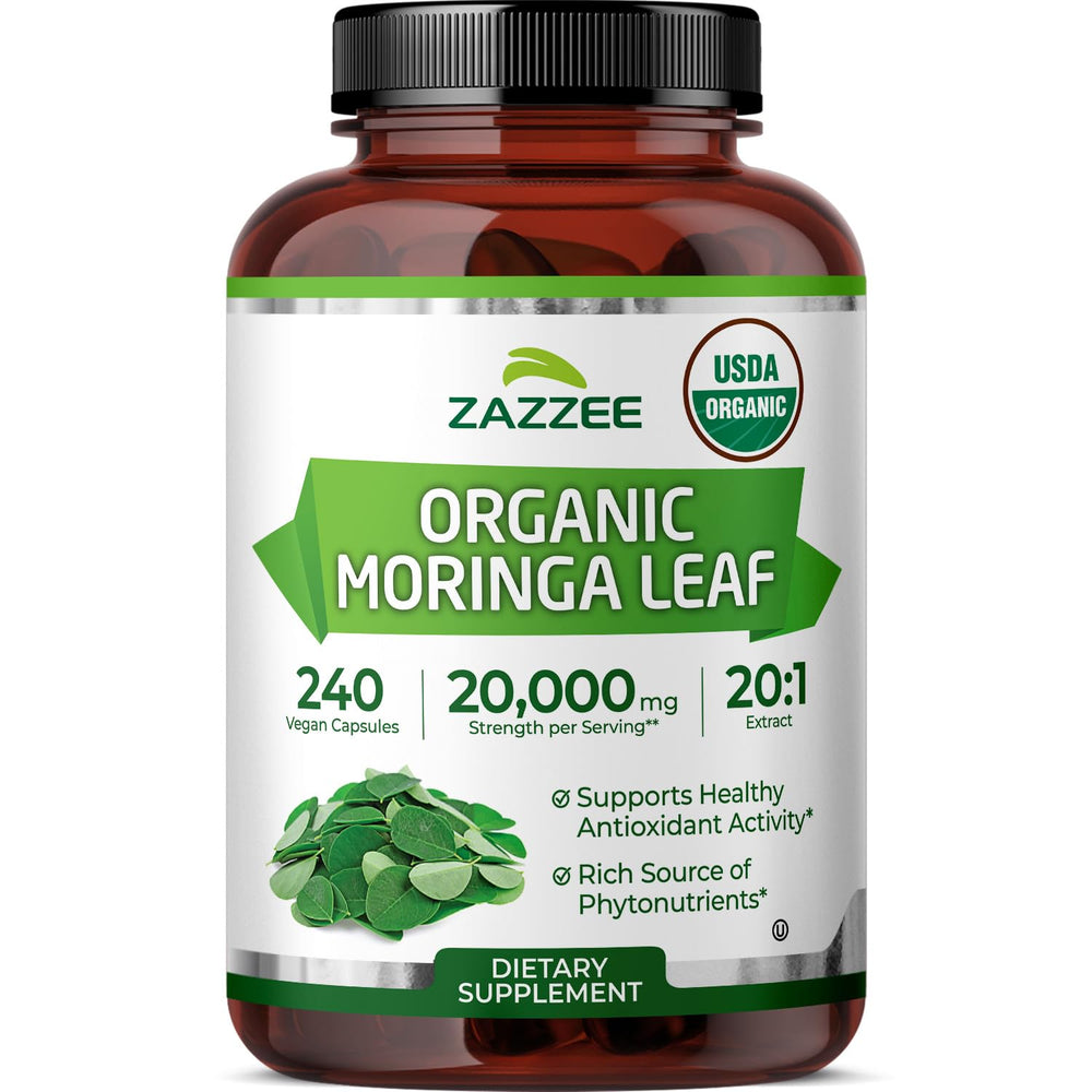 Zazzee Organic Moringa 20:1 bottle highlights potent extract for daily wellness.