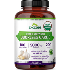 Zazzee Organic Odorless Garlic bottle with 20:1 extract and concise label for easy daily use.