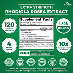 Zazzee Organic Rhodiola label confirms certified organic ingredients