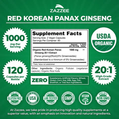 Close-up of Zazzee Panax Ginseng capsules showing 1000 mg per serving.