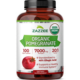 Zazzee organic pomegranate extract bottle label with USDA Organic certification and potency.