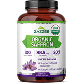 Zazzee saffron extract bottle front with organic seal and strong potency.