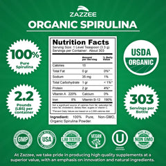 Close-up of Zazzee spirulina powder texture showing vibrant green color.