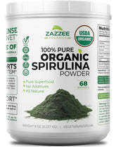 Zazzee Spirulina Powder container front showing organic certification and fresh aroma.