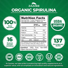 Zazzee spirulina powder organic label highlights USDA Organic purity for daily nutrition.