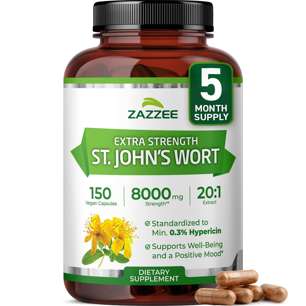 Zazzee St. John’s Wort bottle on shelf for mood support.