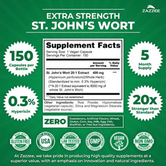 Zazzee St. John’s Wort capsules close-up shows 20:1 extract potency.