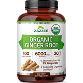 Zazzee USDA Organic Ginger Root Extract bottle with 100 vegan capsules for daily digestive support.