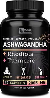 Zeal Naturals Adaptogenic Ashwagandha Complex bottle for daily stress relief and balanced energy.