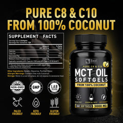 Closeup of Zeal Naturals MCT capsules showing caprylic and capric blends for keto fuel.