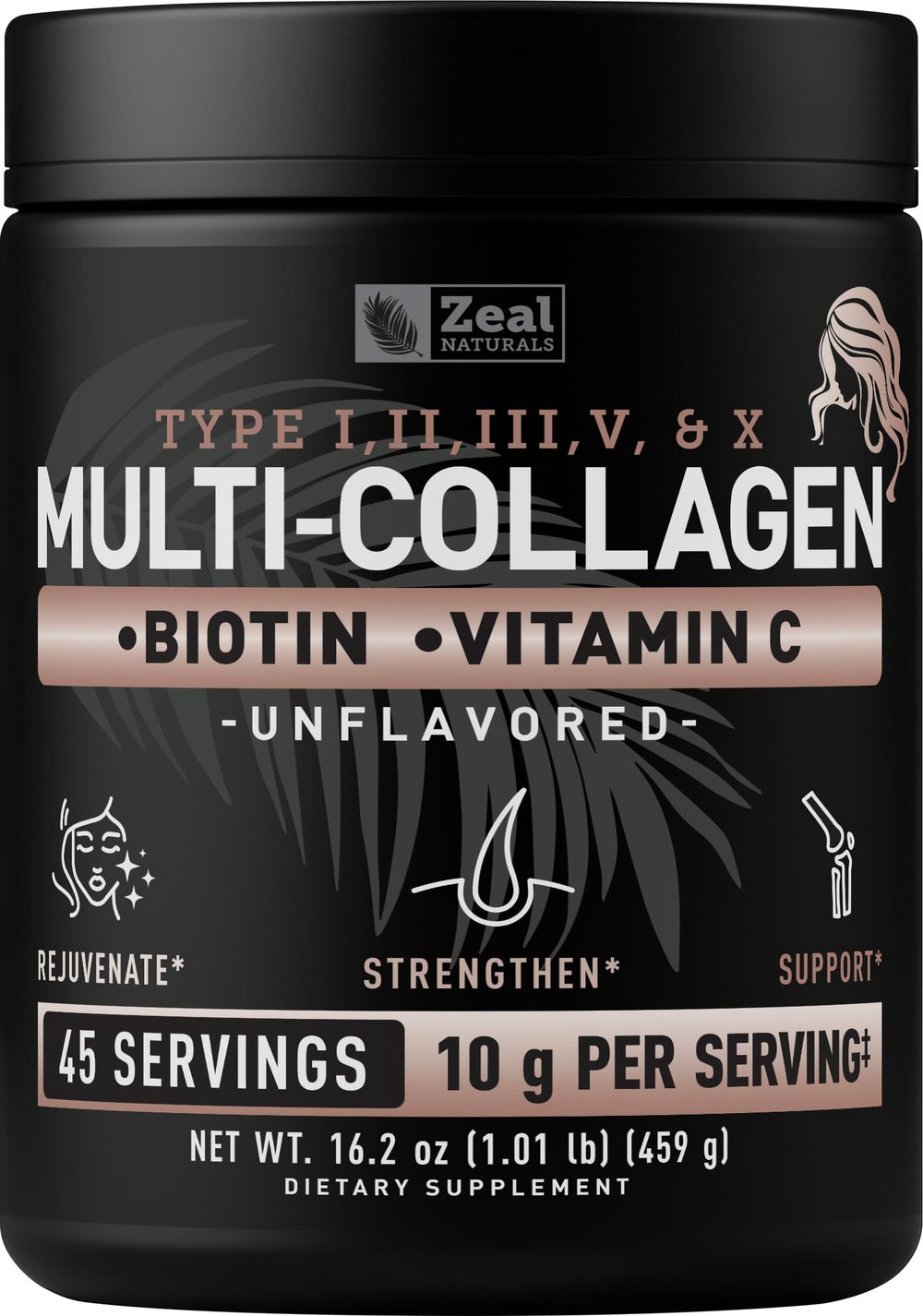 Zeal Naturals Multi Collagen unflavored tub showing convenient daily supplement for hair, skin and nails support.