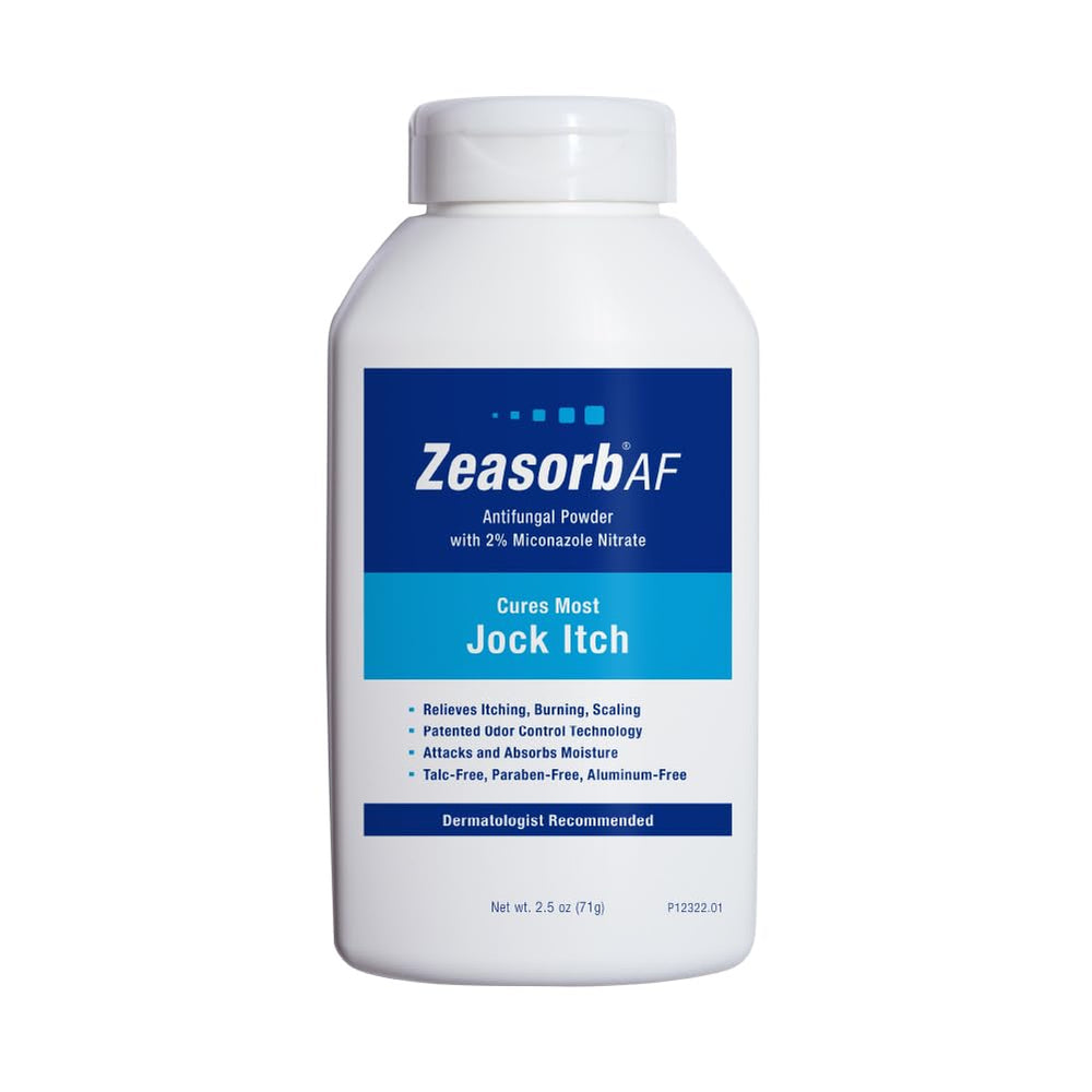 Zeasorb bottle pour showing easy shake-on application for dry, comfortable skin and moisture control.