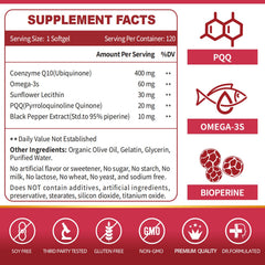 ZEBORA CoQ10 with PQQ and omega-3 label image highlighting enhanced energy and cardio support.