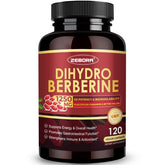 ZEBORA Dihydroberberine bottle on white surface, highlighting high bioavailability.