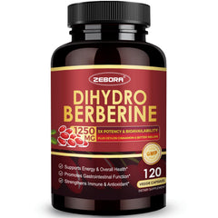ZEBORA Dihydroberberine bottle on white surface, highlighting high bioavailability.