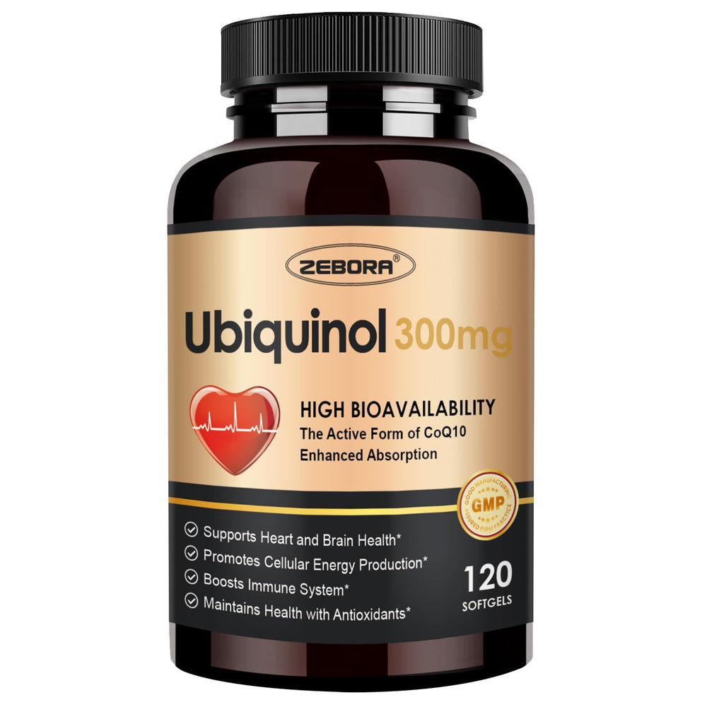 ZEBORA ubiquinol CoQ10 300mg softgels bottle supports heart health and energy