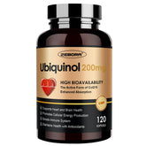 ZEBORA Ubiquinol CoQ10 softgels bottle on display, supporting daily energy and heart health.