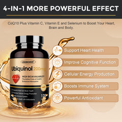 ZEBORA Ubiquinol CoQ10 softgels closeup showing smooth capsules with high absorption potential.